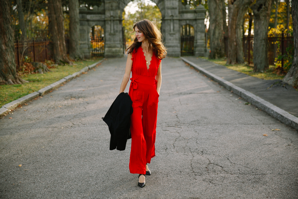 red jumpsuit outfit with jacket