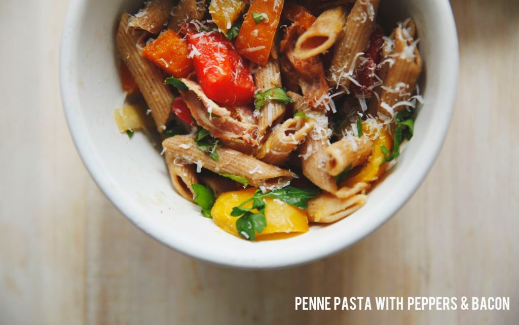 Penne Pasta with Peppers + Bacon (with Jovial Foods Pasta).