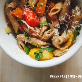 Penne Pasta with Peppers + Bacon (with Jovial Foods Pasta).